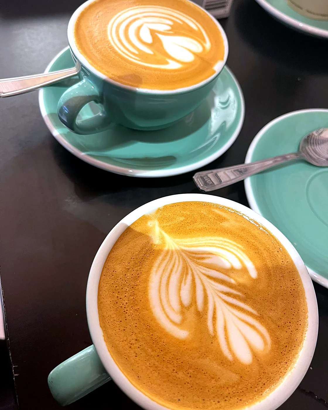 Two flat whites with rosetta latte art, poured on the course